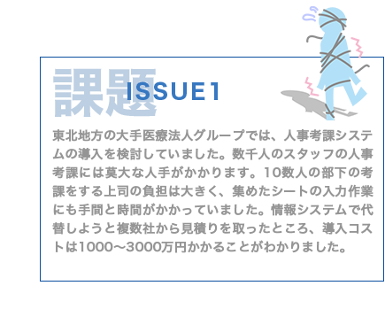 課題 ISSUE1 東北地方の大手医療法人グループでは、人事考課システムの導入を検討していました。数千人のスタッフの人事考課には莫大な人手がかかります。10数人の部下の考課をする上司の負担は大きく、集めたシートの入力作業にも手間と時間がかかっていました。情報システムで代替しようと複数社から見積りを取ったところ、導入コストは1000～3000万円かかることがわかりました。